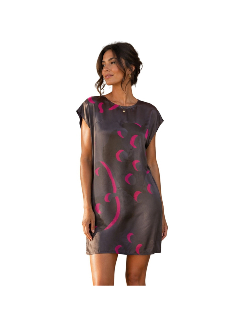 NWT 100% Silk Tunic Dress Pink Abstract Print Shift Cap Sleeve feral childe XS